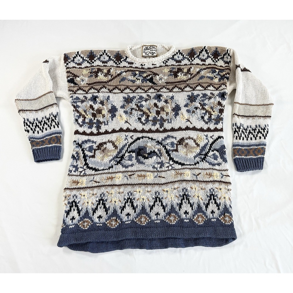 Vtg Heirloom Collectibles 90s Sweater Women's S Floral Fair Isle Grandma Cottage